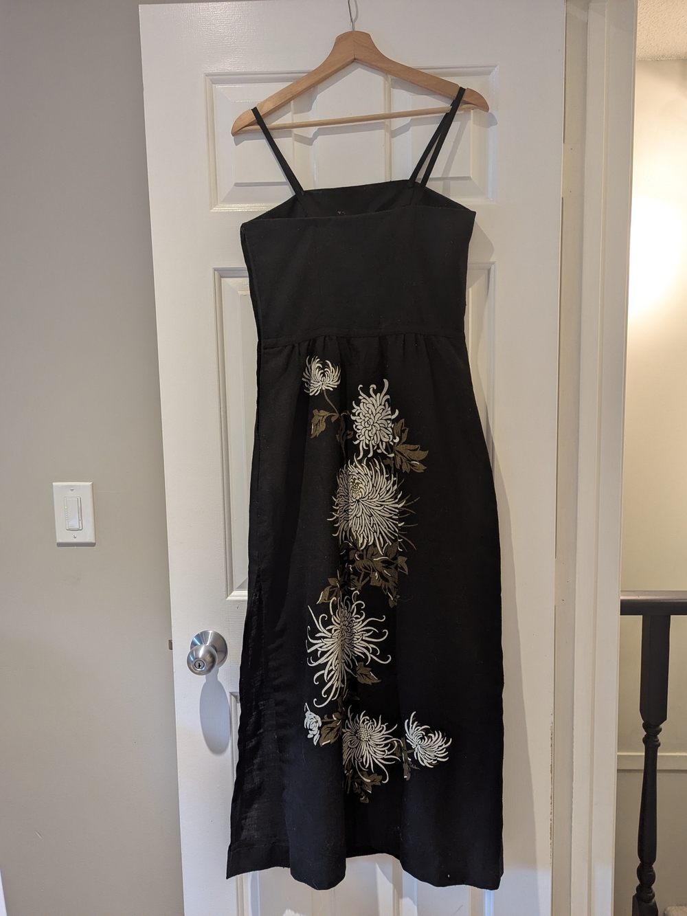 Vintage 90s Dark Romance Japanese Floral Hand Beaded Black linen Midi Dress S/M - Picture 11 of 16